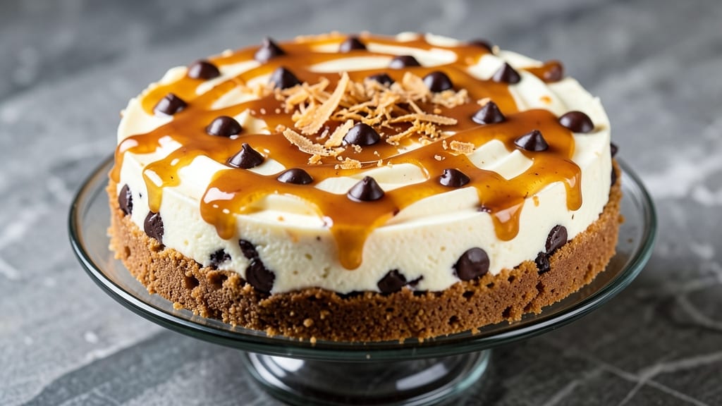 Caramel Chocolate Chip Cheesecake Recipe: Molten Caramel Rivers and Crunchy Chips