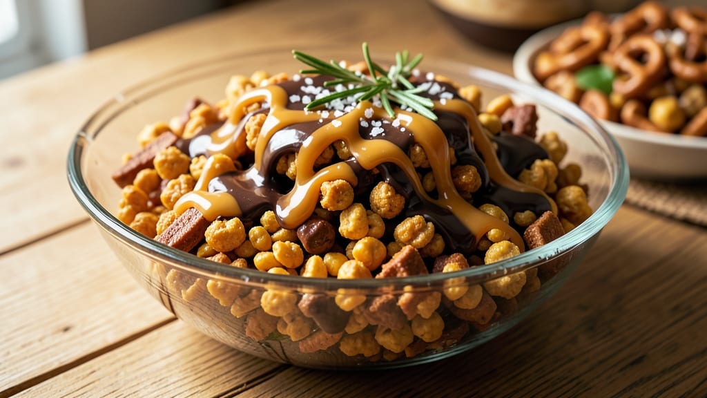 Chex Mix Caramel Chocolate Drizzle Recipe: Crunchy Snack Tower With Gooey Rivers